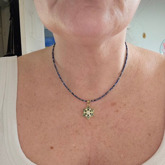 Stunning Blue Enamel CZ Star of David Necklace Adjustable Lapis Lazuli Chain - Picture 4 of 7